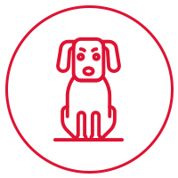 Red line art of a dog sitting in a red circle.