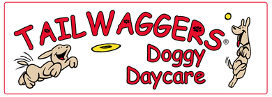 Logo for "Tail Waggers Doggy Daycare" with cartoon dogs playing. Red text, white background.