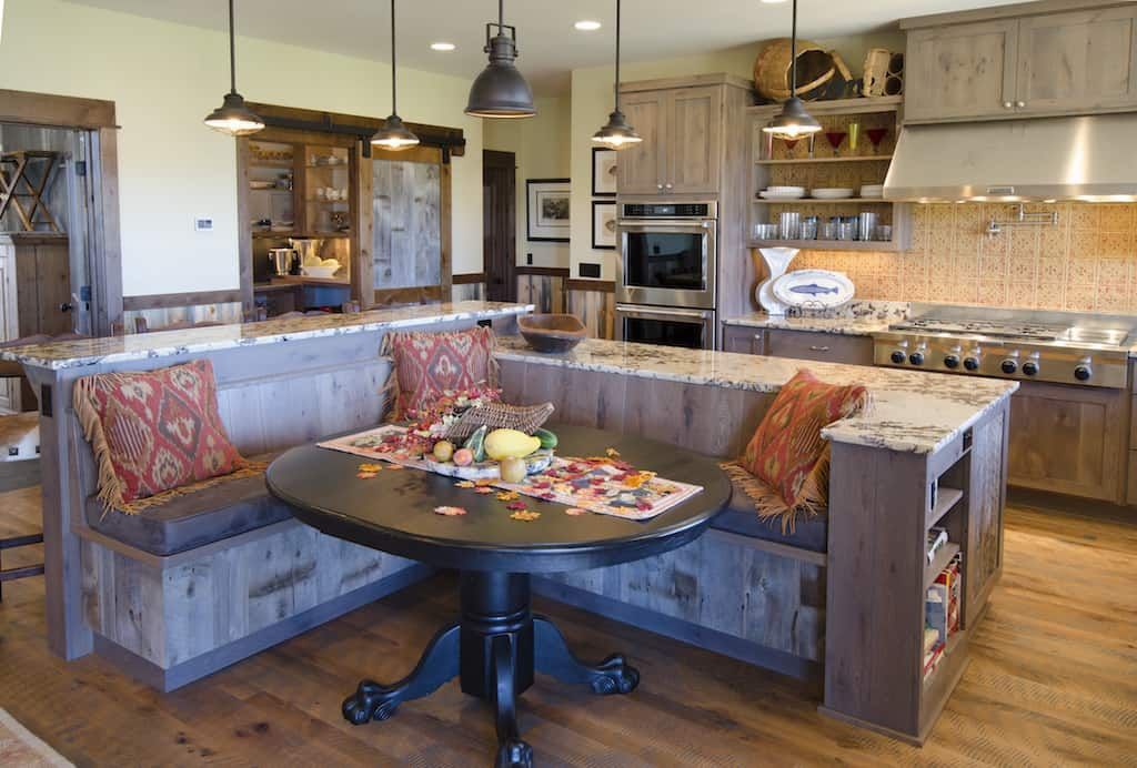 A kitchen with a table and benches in it