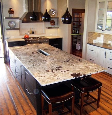 A kitchen with a large granite counter top