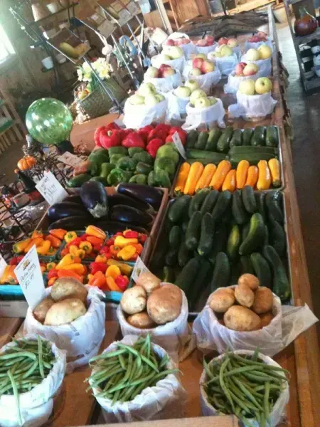Produce stand with green beans, potatoes, peppers, eggplant, squash, and apples.