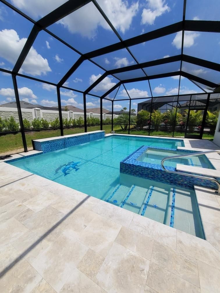 A large swimming pool with a canopy over it