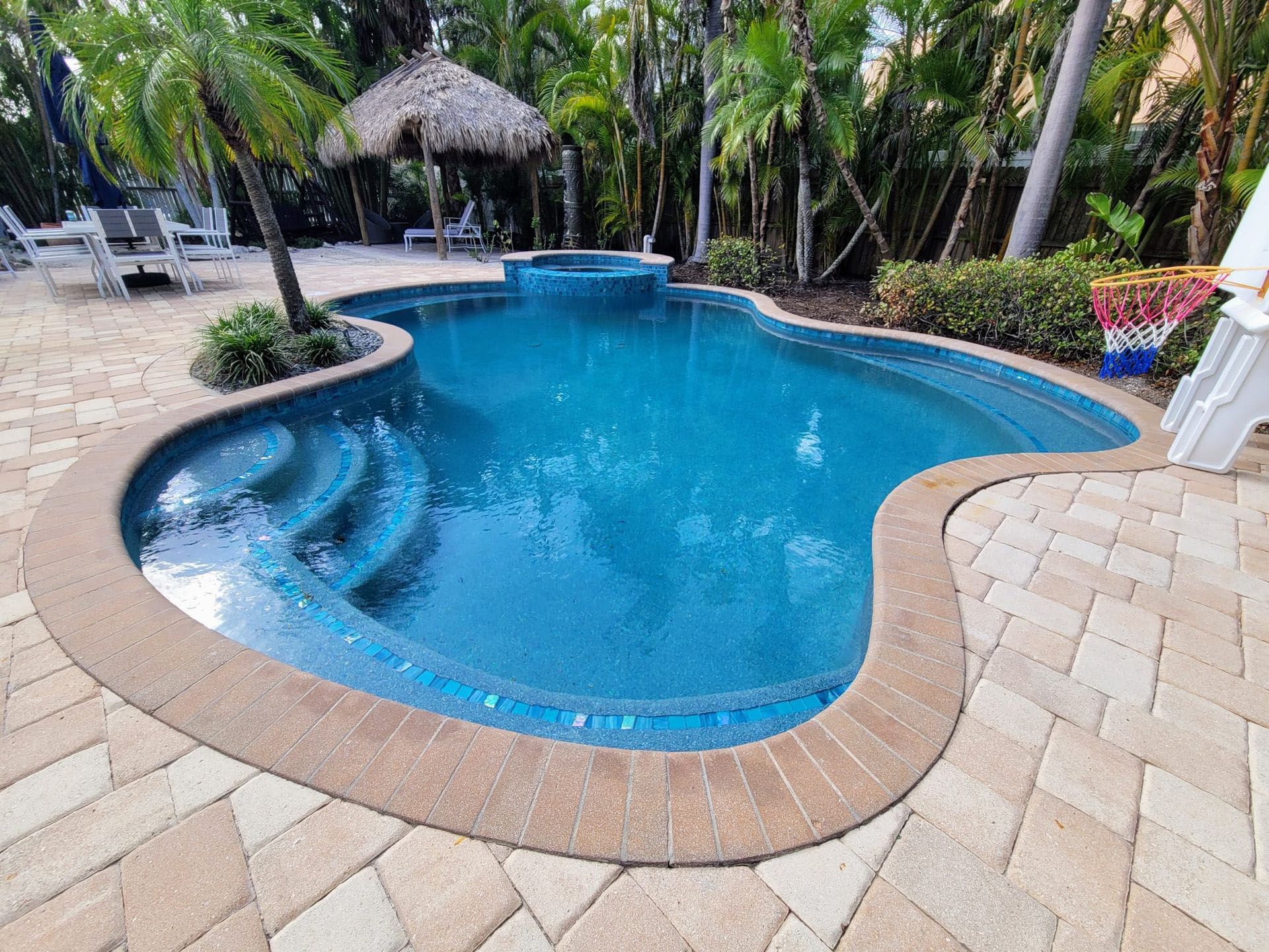 Asplundh - A large swimming pool surrounded by palm trees and a basketball hoop.