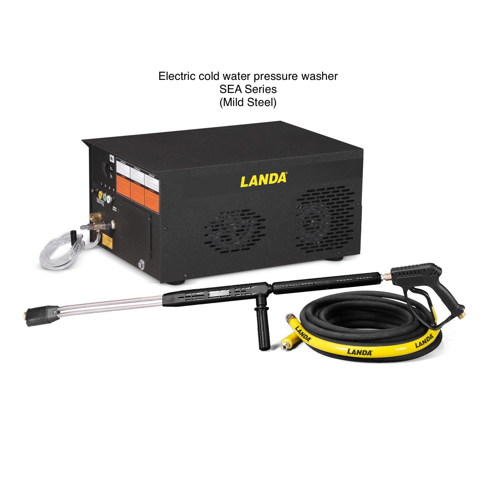 A landa electric cold water pressure washer with a hose attached to it.