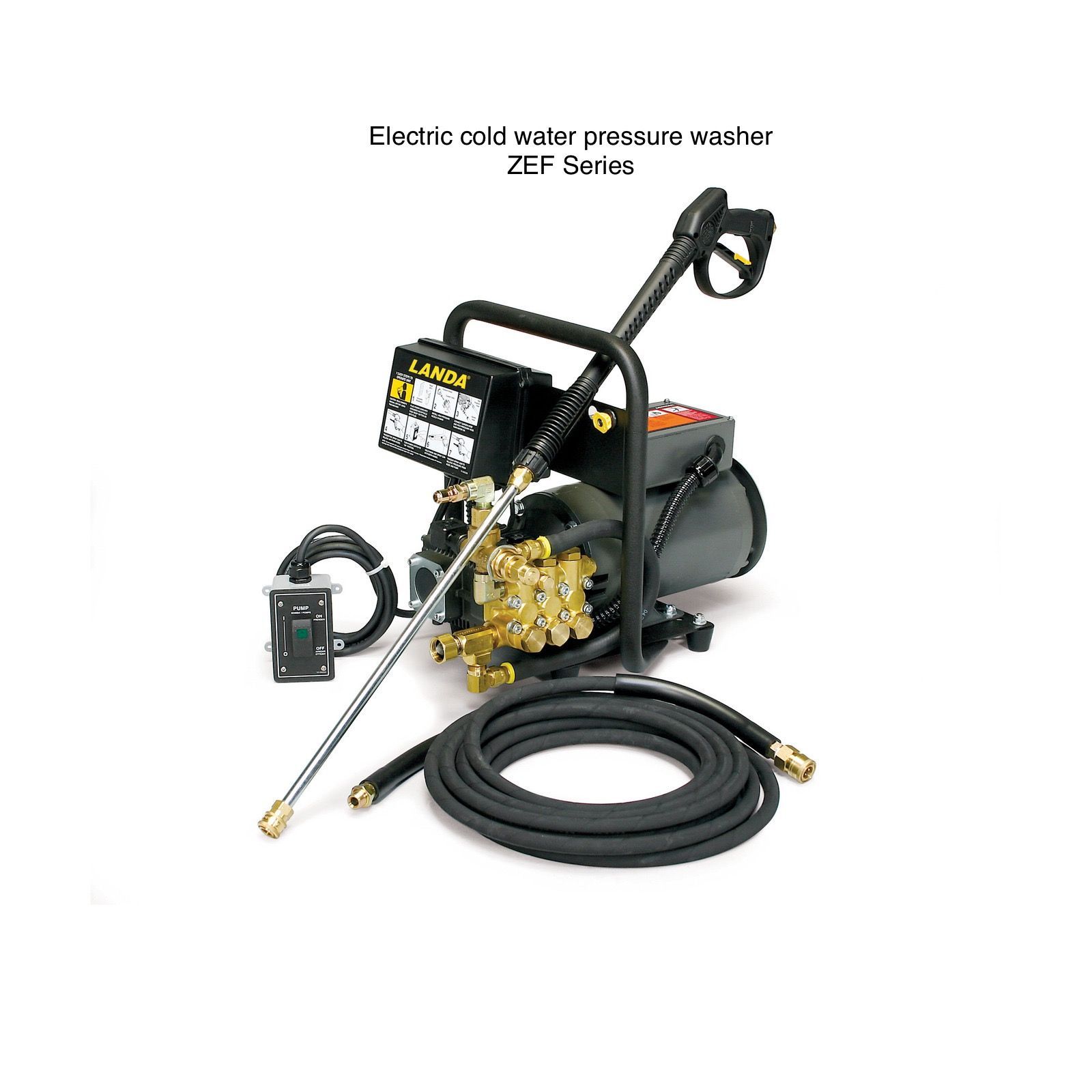 An electric cold water pressure washer with a hose attached to it.