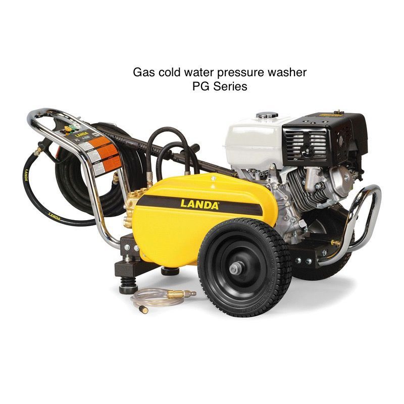 A yellow and black gas cold water pressure washer with wheels