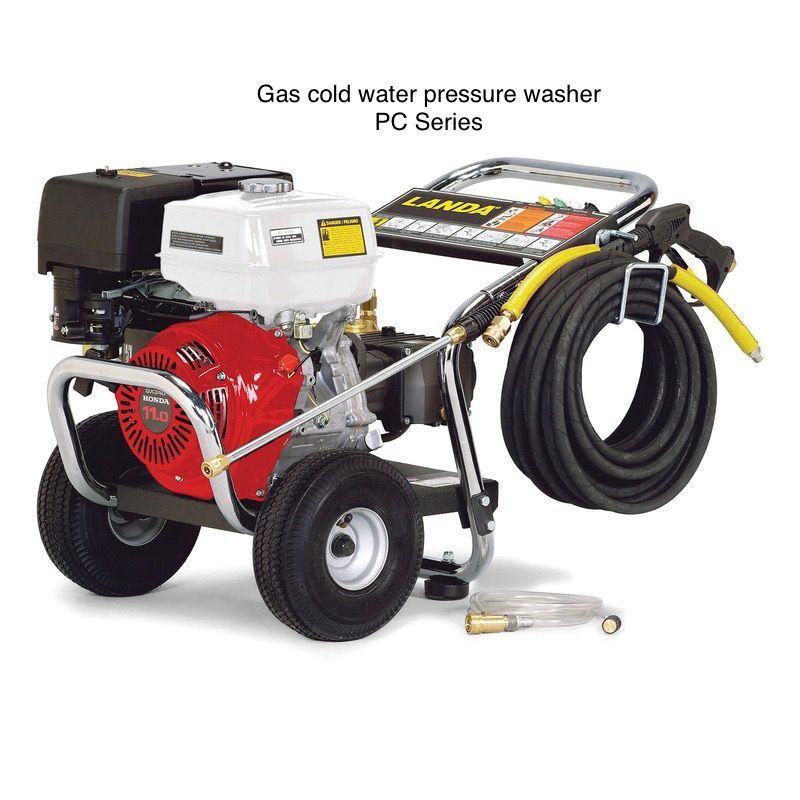 A gas cold water pressure washer with a hose attached to it