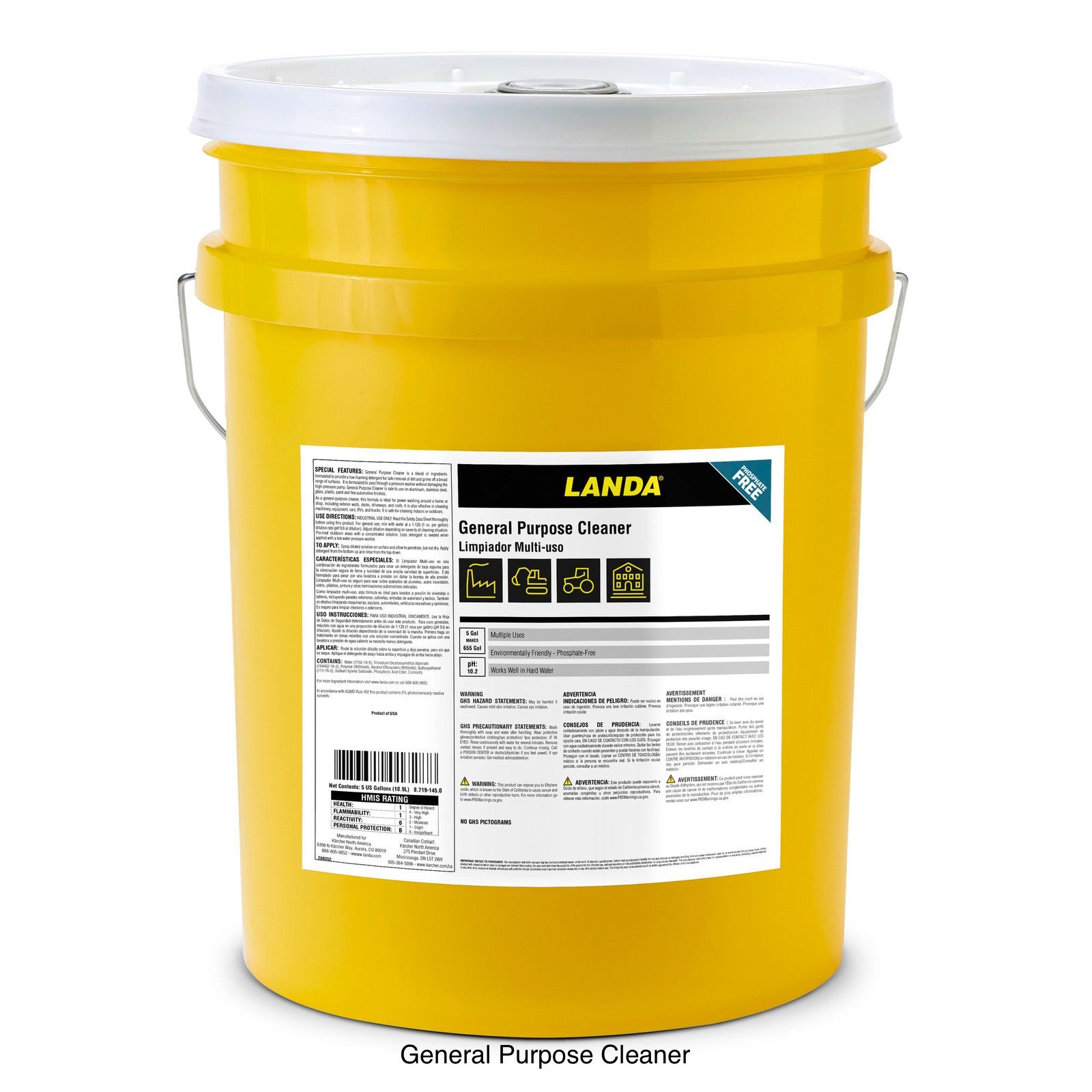 A yellow bucket of landa general purpose cleaner on a white background.