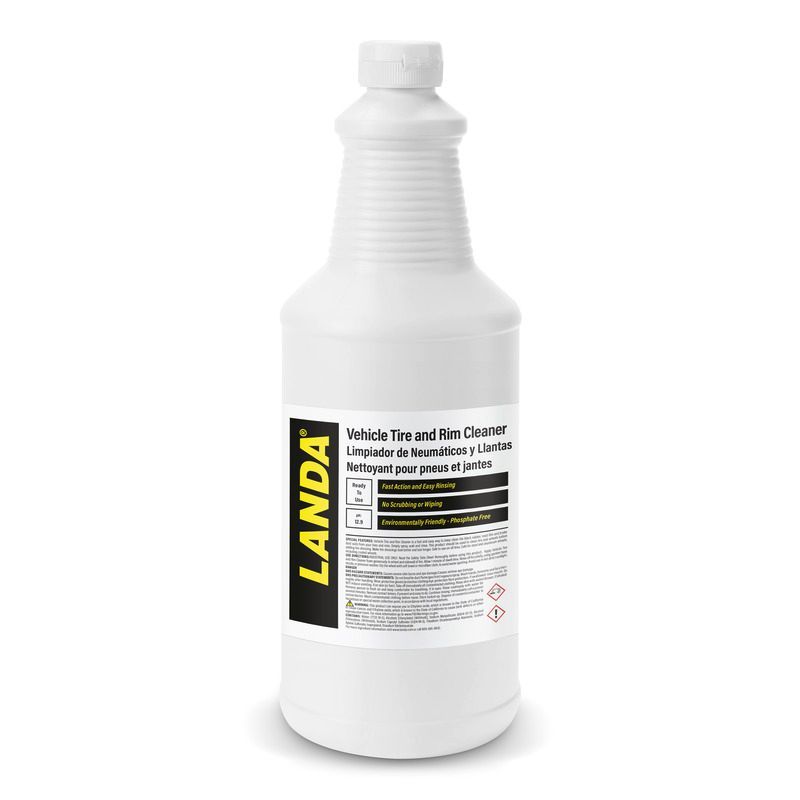 A bottle of landa vehicle tire and wheel cleaner on a white background.
