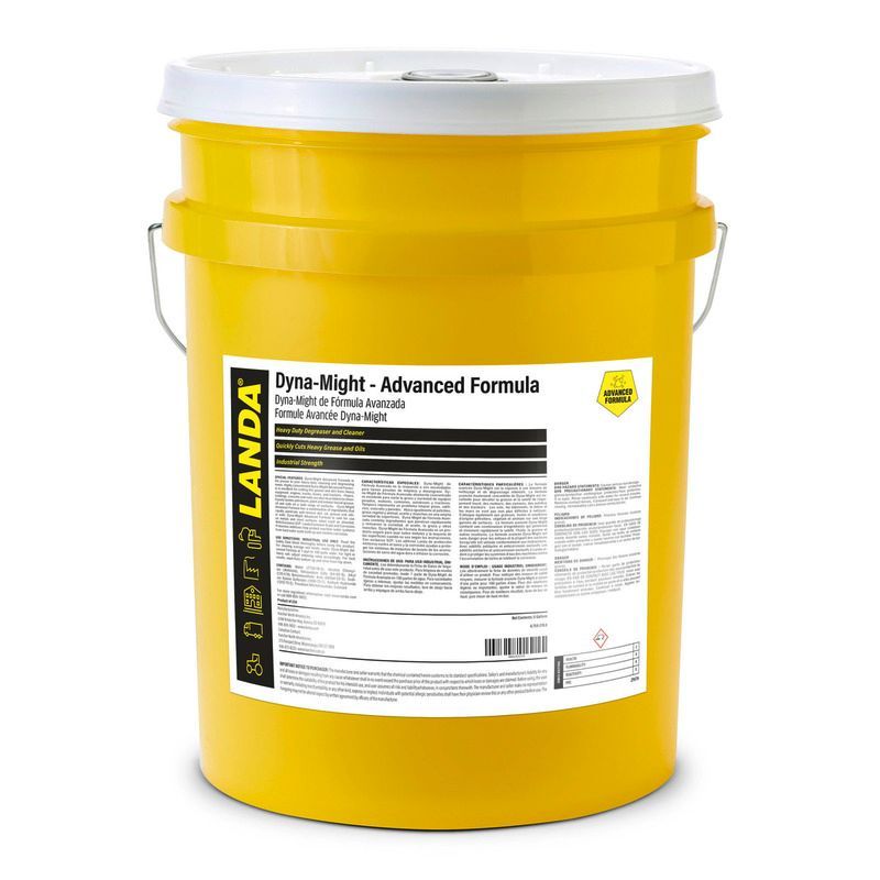 A yellow bucket of dyna-might advanced formula on a white background.
