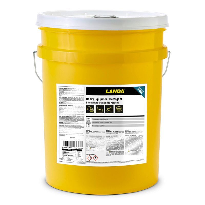 A yellow bucket of landa heavy equipment detergent