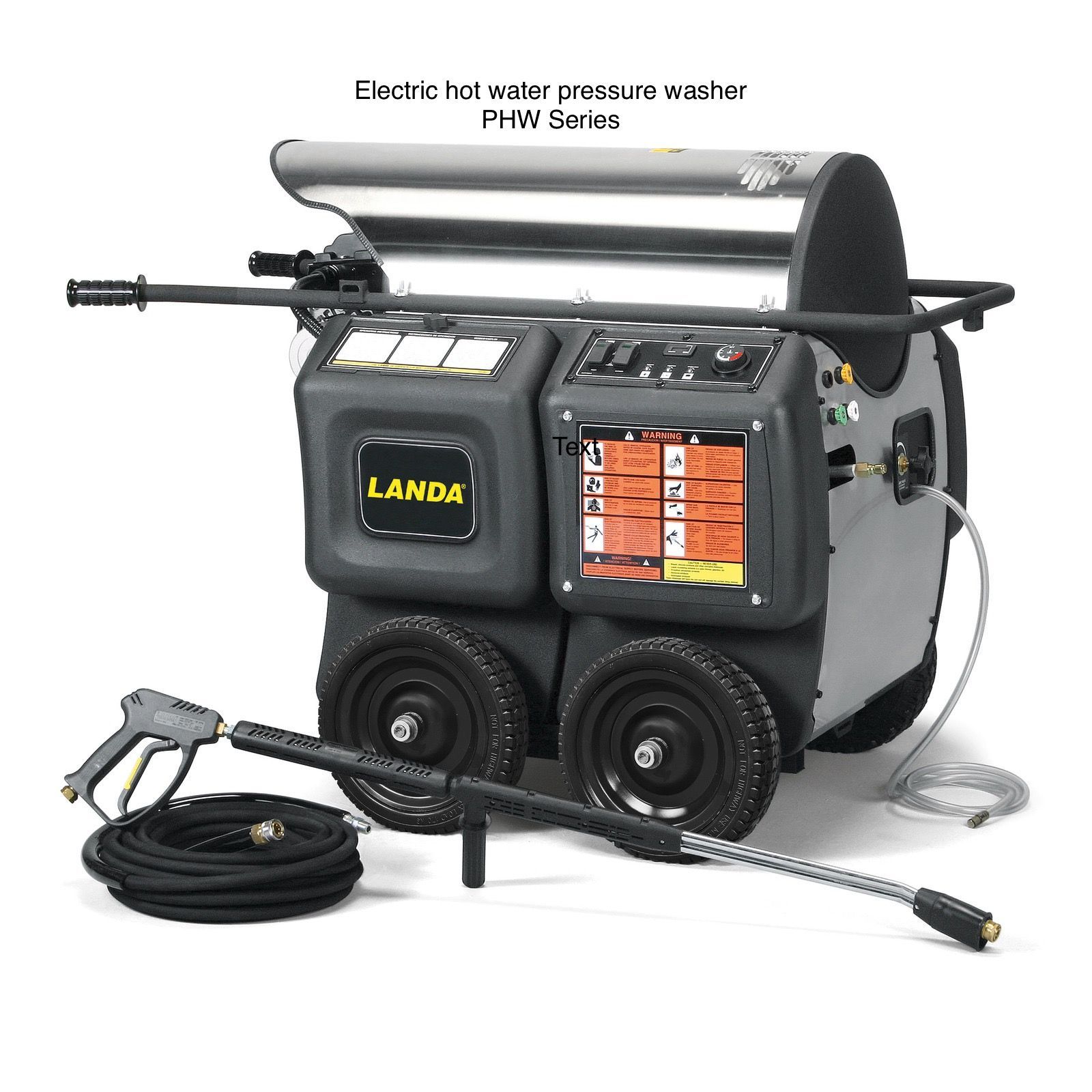 A landa electric hot water pressure washer with wheels
