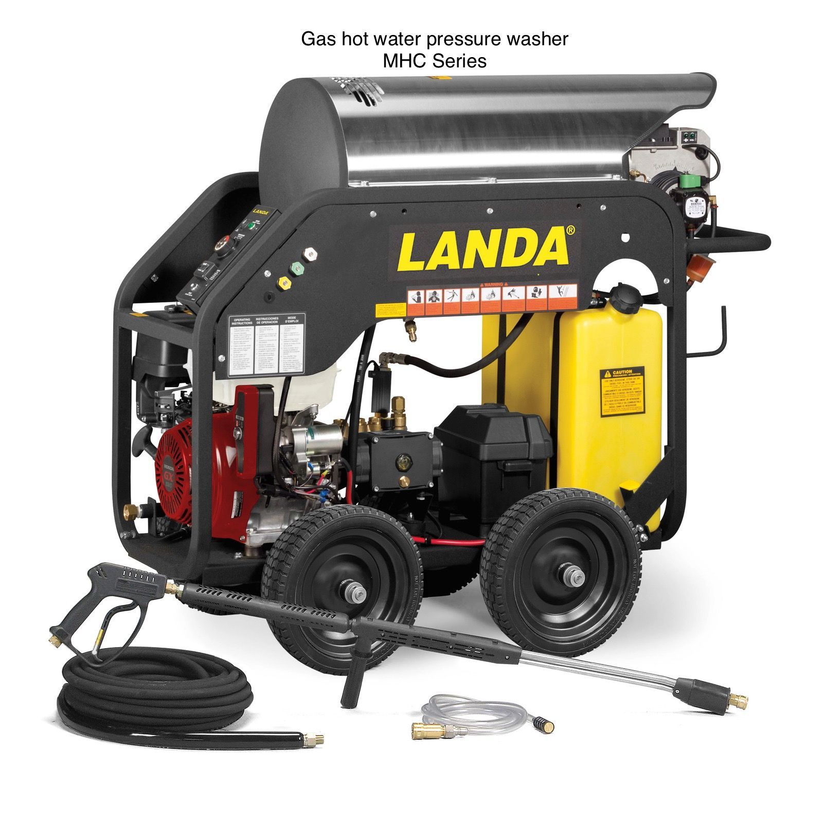 A landa gas hot water pressure washer with wheels