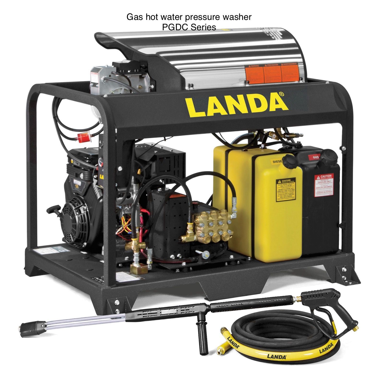A landa gas hot water pressure washer with a hose attached to it.