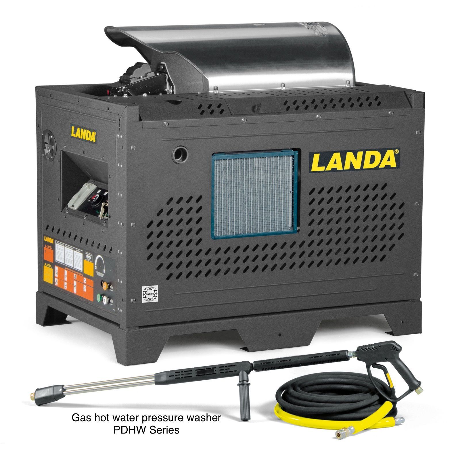 A landa gas hot water pressure washer with a hose attached to it