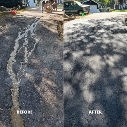 A before and after photo of a broken road