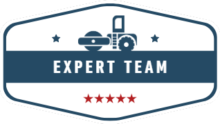 A logo for the expert team with a tractor and stars.