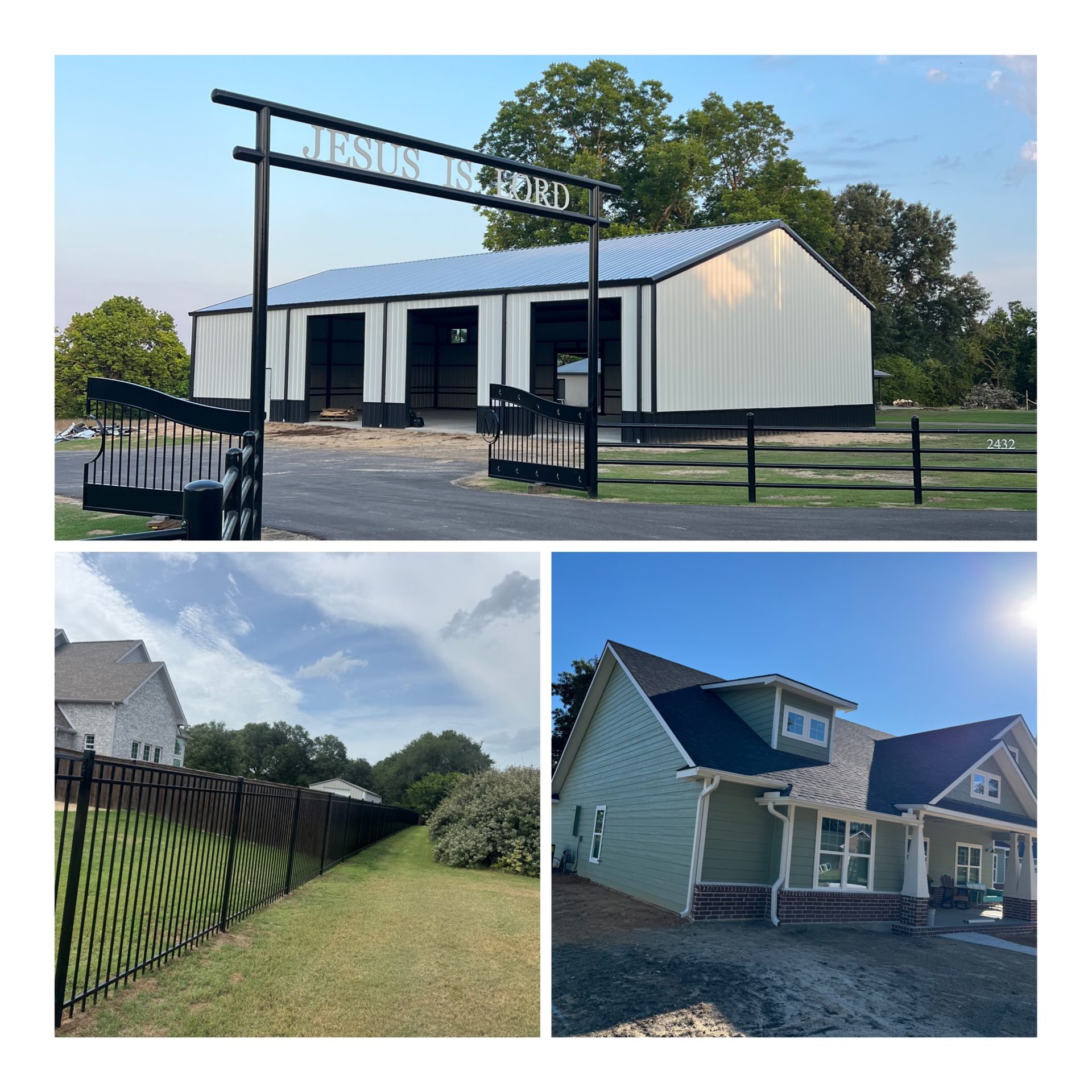 Three photos of a white barn-style building and fenced grassy yard with a house and driveway.