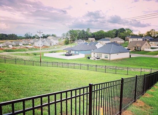 A black fence surrounds a lush green field with houses in the background.