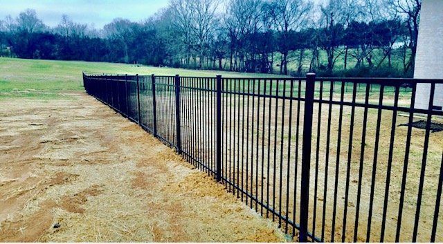 A black metal fence is surrounding a dirt field.
