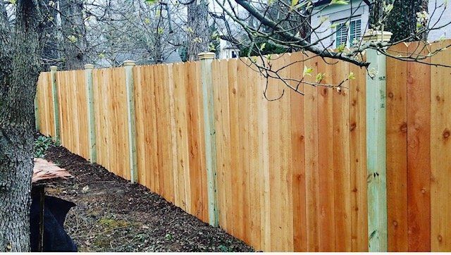 A wooden fence is surrounded by trees and a house.