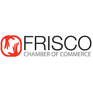 The logo for the frisco chamber of commerce is red and black.