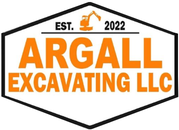 Argall Excavating LLC logo with black hexagon border, orange text, and “EST. 2022” with excavator icon