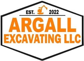 Argall Excavating LLC logo with black hexagon border, orange text, and “EST. 2022” with excavator icon