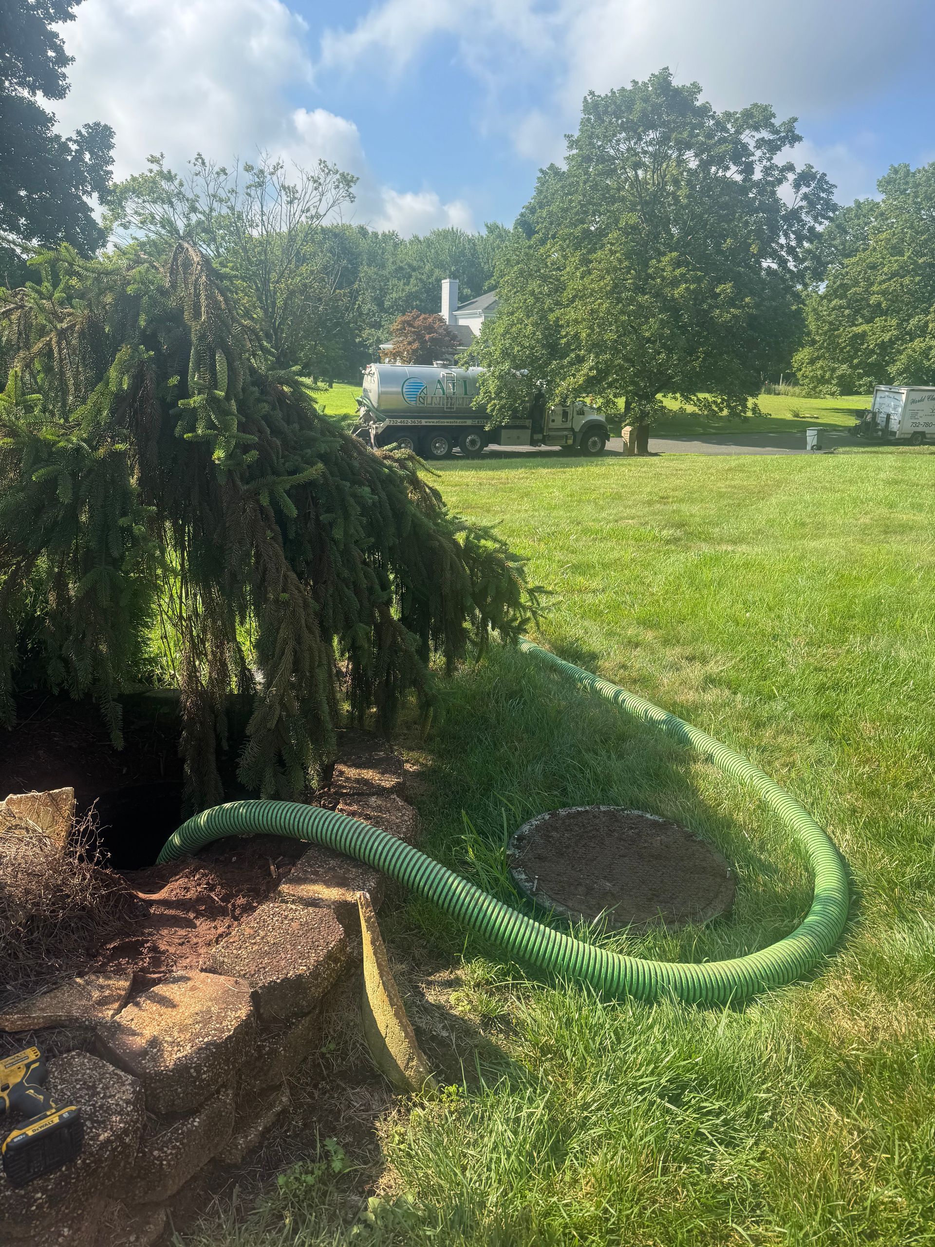 Green hose leading from a tree stump to a truck on a grassy lawn. Sunny day.
