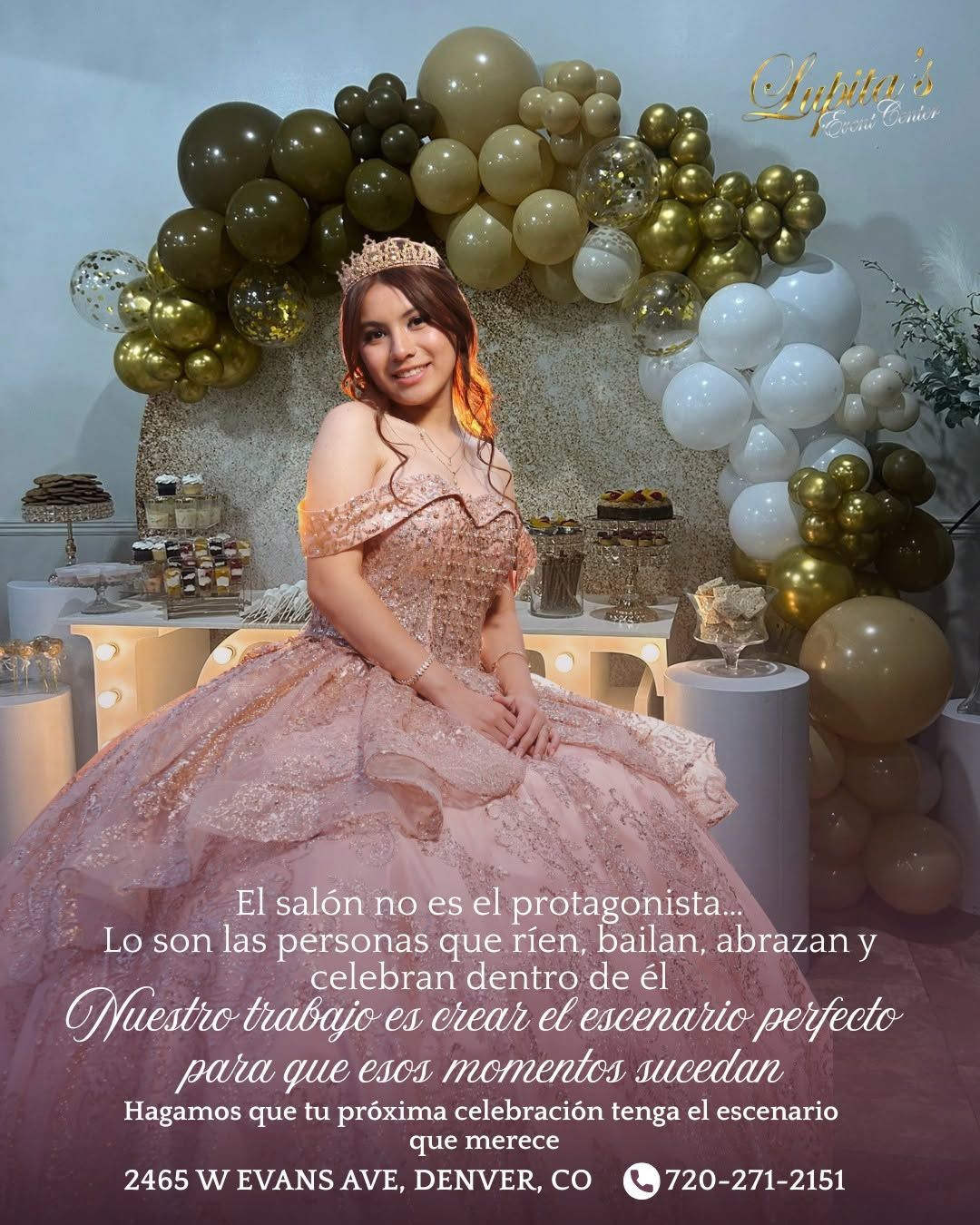 Woman in pink gown posing at a gold-and-white balloon birthday backdrop, smiling in a decorated event setting