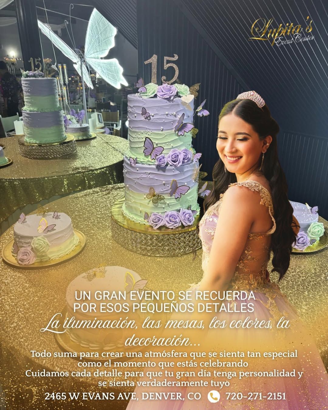 Decorated birthday table with a lavender cake marked “15” and a smiling woman in a sparkly dress
