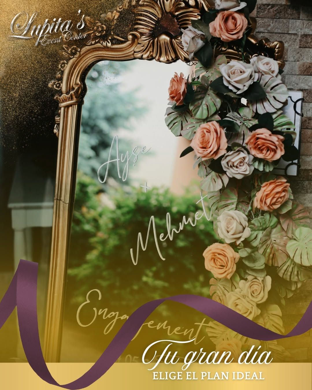 Gold ornate mirror with floral arrangement and Spanish engagement text over a soft green background