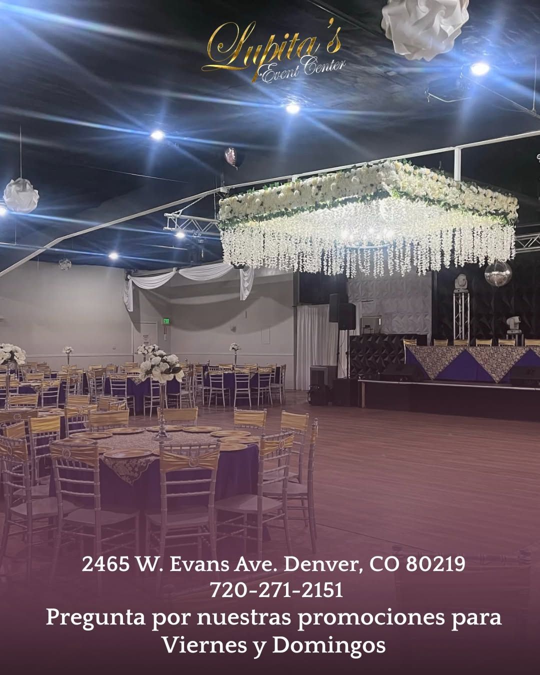 Elegant banquet hall with white drapes, chandeliers, and gold chairs under blue ceiling lights; event venue ad text.