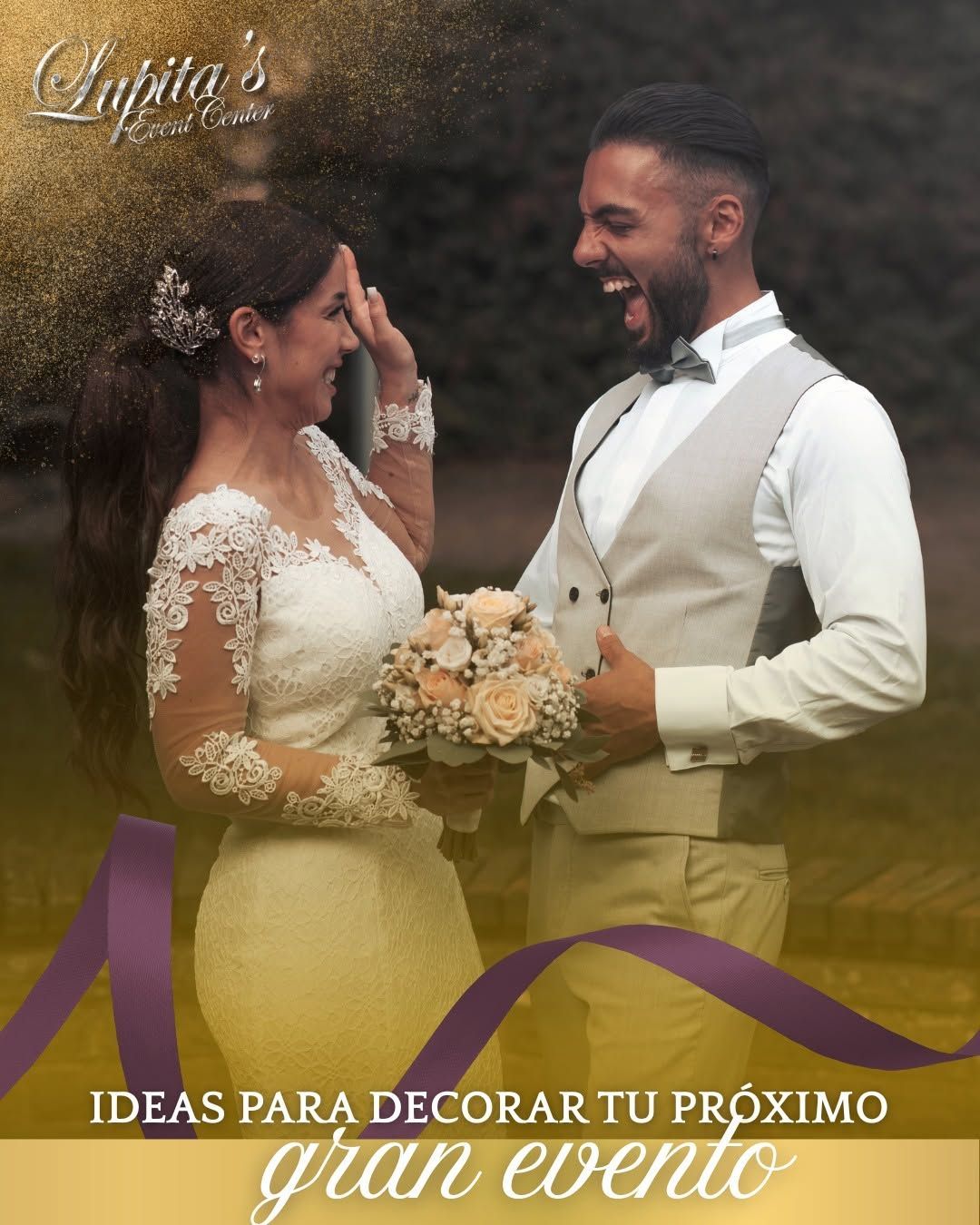 Bride and groom smiling and facing each other at an outdoor wedding, holding a bouquet