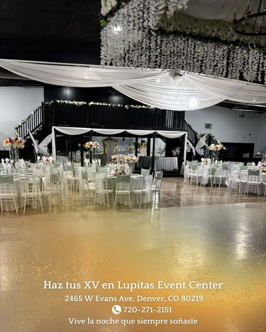 Decorated reception hall at Hax Tuz XV en Lupiitas Event Center with tables, chairs, draped ceiling, and gold floor.