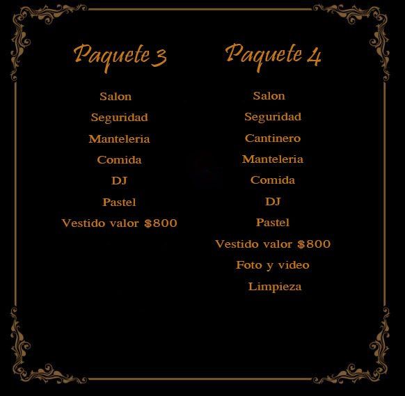 Decorative black-and-gold price list for Paquete 3 and Paquete 4 with included event services.