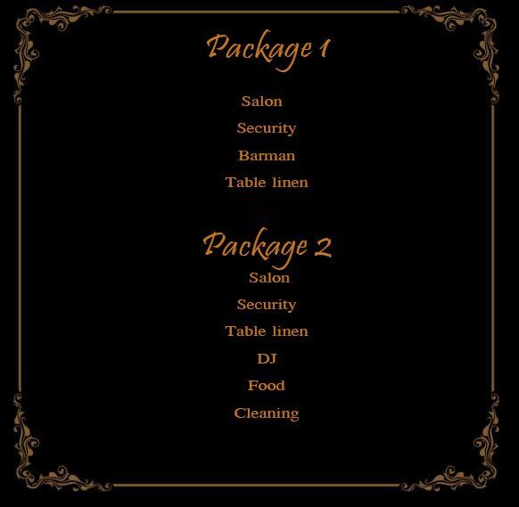 Black menu-style sign listing Package 1 and 2 services in gold text on a black background