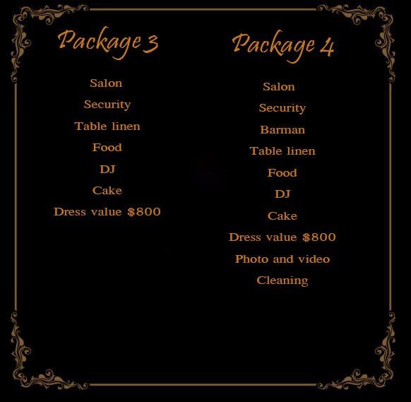 Black and gold wedding package menu with ornate border, listing Package 3 and Package 4 services and prices