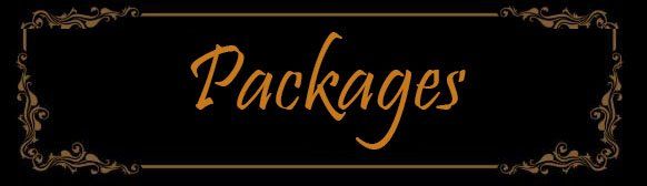 “Packages” in gold script on a black decorative sign with ornate border