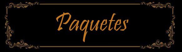 Decorative sign reading “Paquetes” in gold script on a black background with ornate brown border.