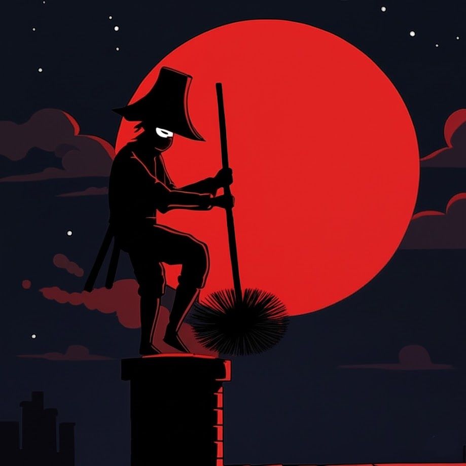 A ninja on a chimney silhouetted against a red moon, holding a long brush. Night sky.