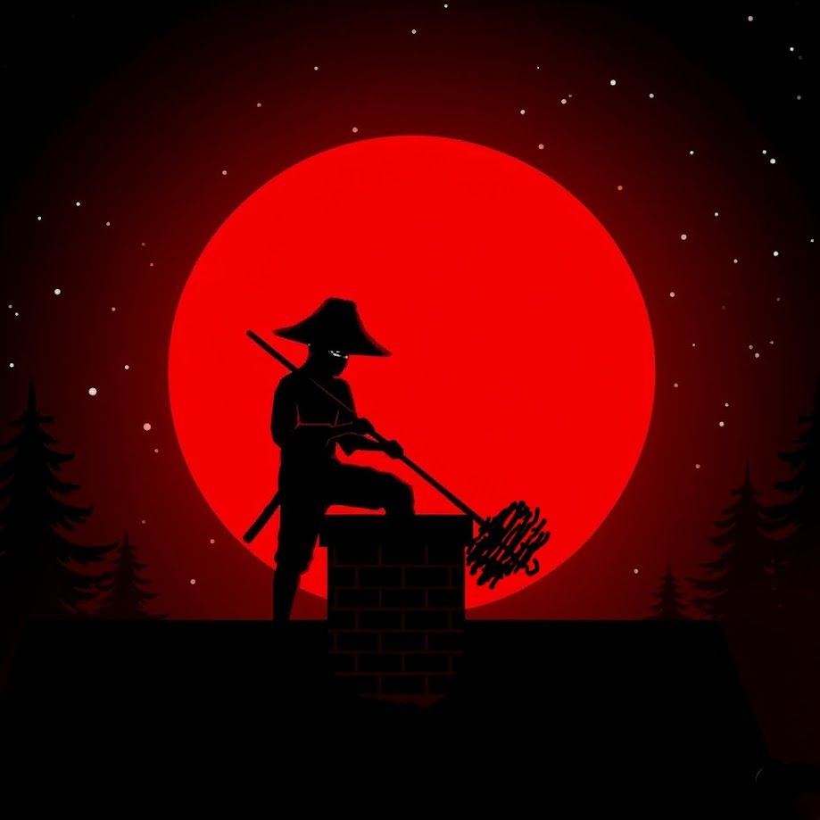 Silhouette of a ninja on a rooftop against a red moon; cleaning a chimney.