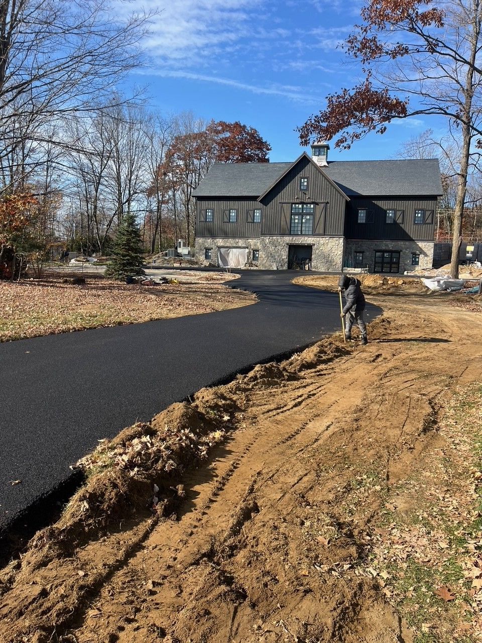 Black asphalt driveway leading to a two-story house with a dog standing nearby.