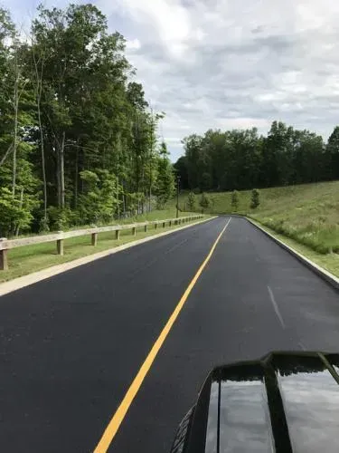 Asphalt road with yellow line, flanked by trees and a grassy hill, viewed from a vehicle. Overcast sky.