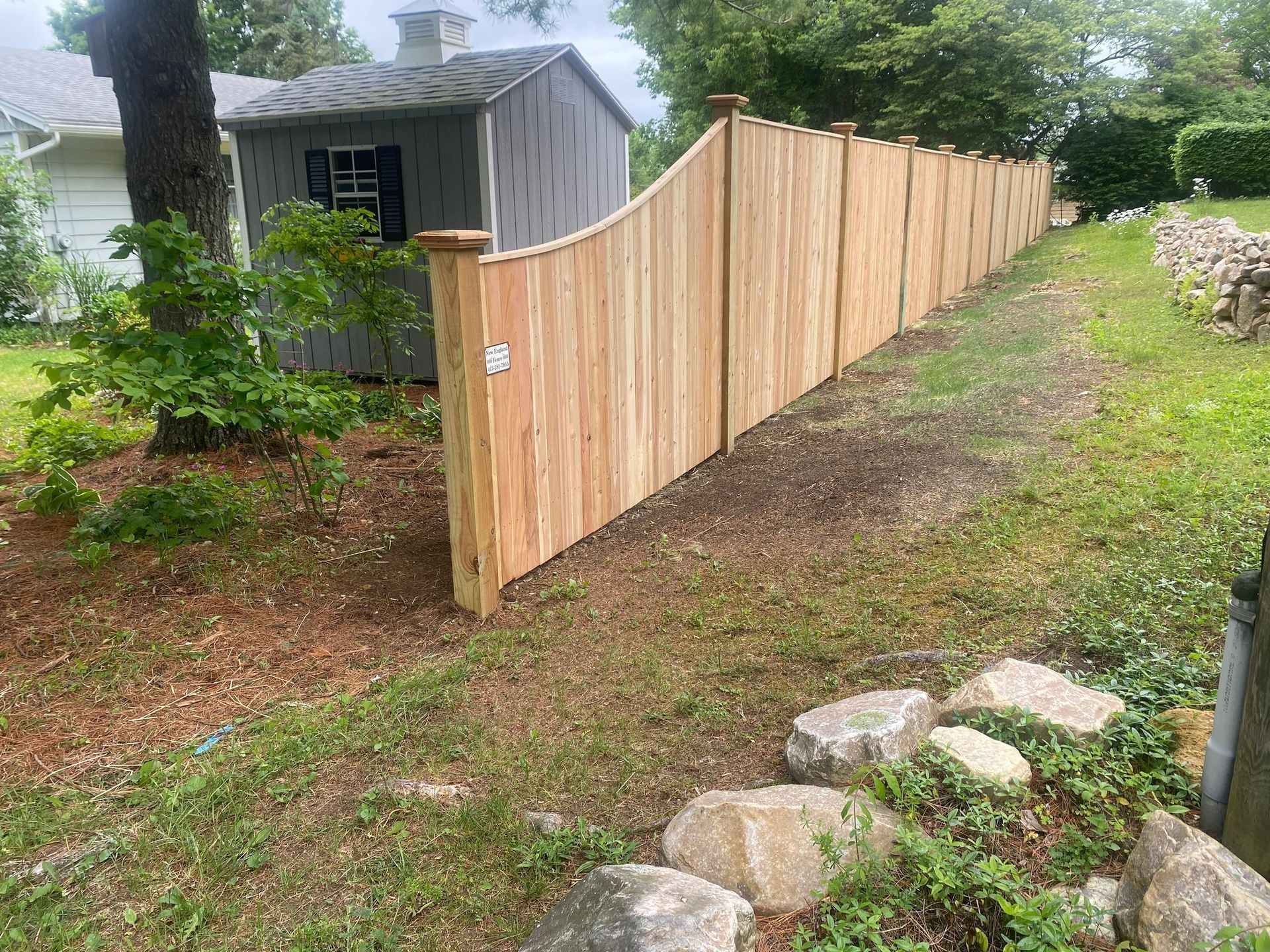 Wooden fence curves along a grassy yard, with a shed and trees in the background.