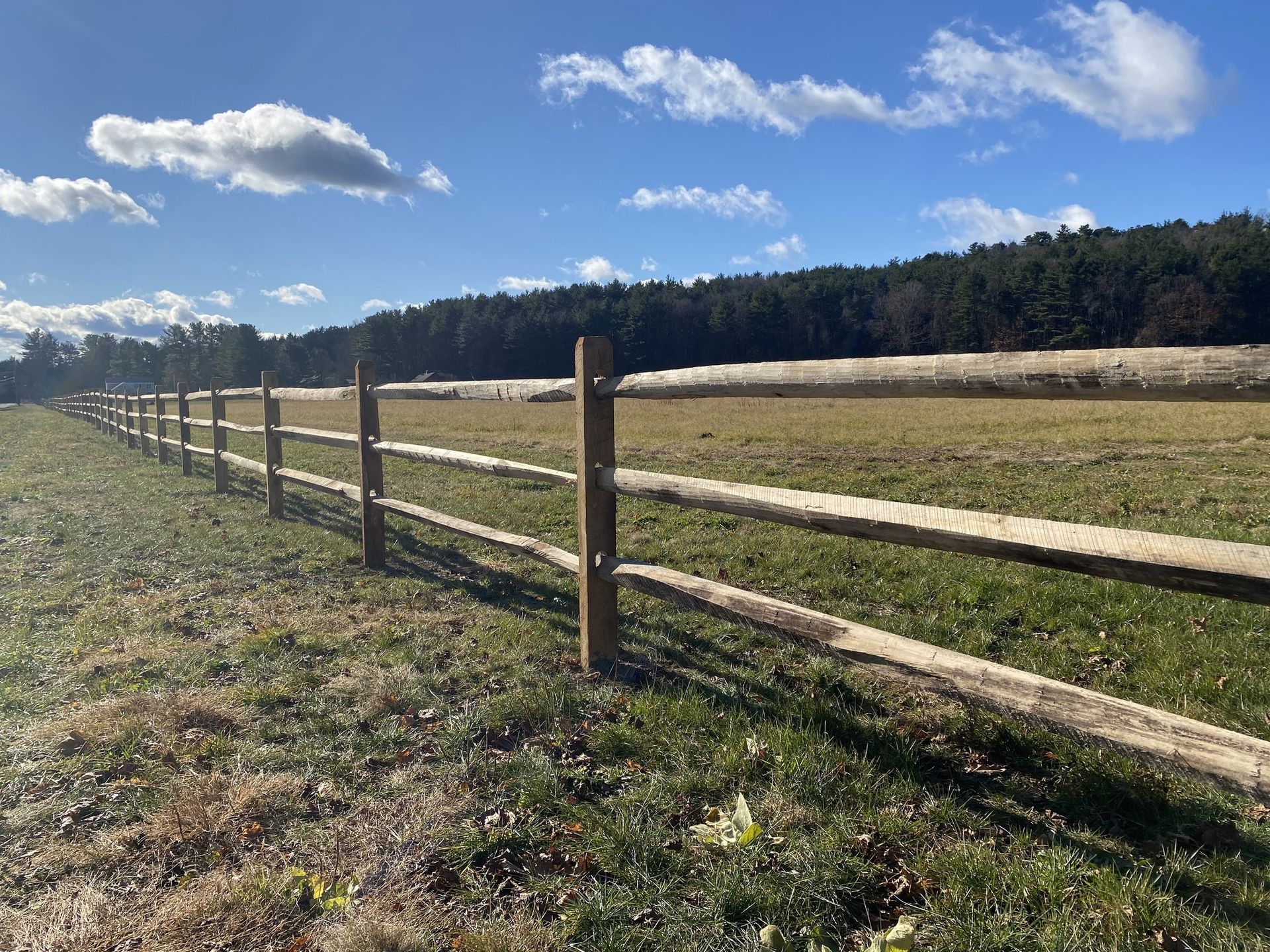 Wooden split-rail fence in a field, forest in the background under a blue sky with scattered clouds.
