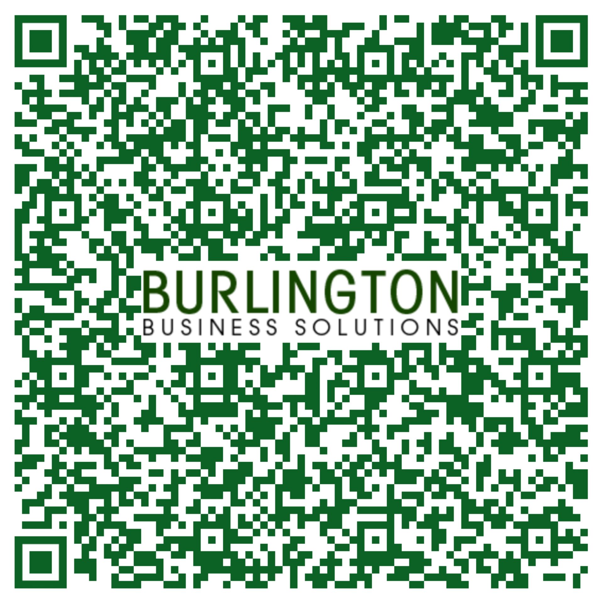 Green QR code with Burlington Business Solutions logo centered in the middle.