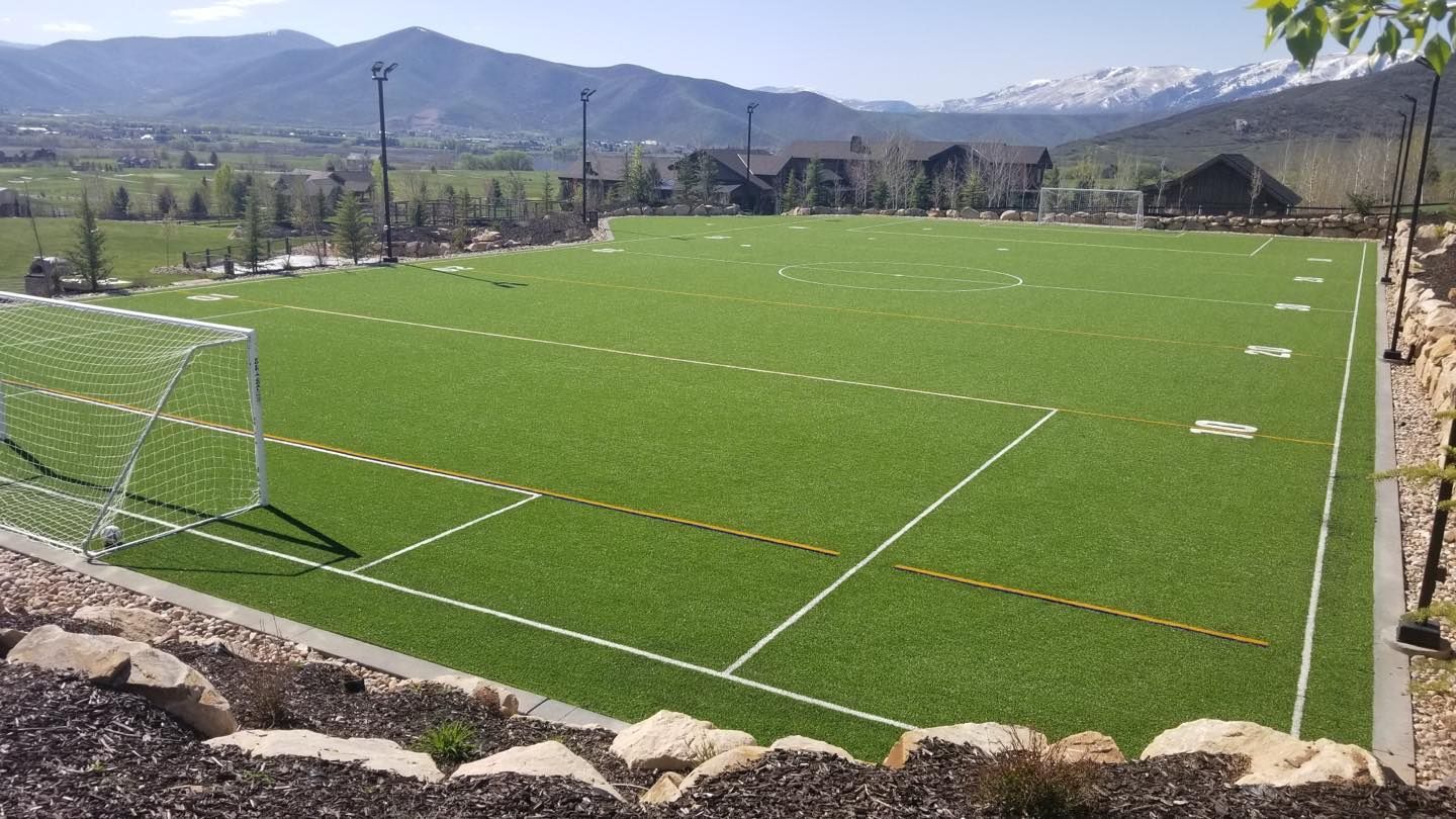 Empty soccer field with white boundary lines, goal, mountains, and clear blue sky in the background