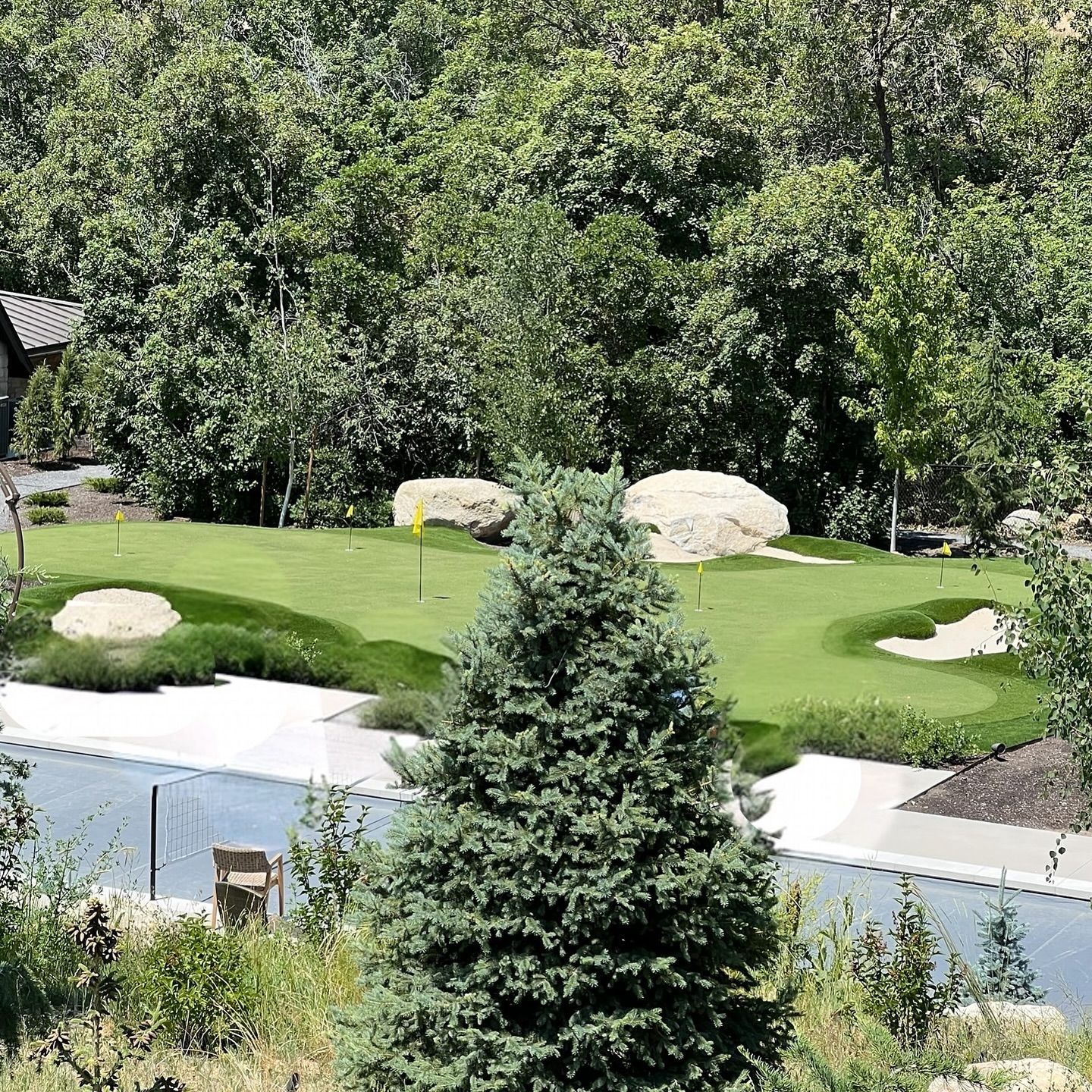 Landscaped garden with green lawn, shrubs, large rocks, a blue water feature, and a conifer tree in front.