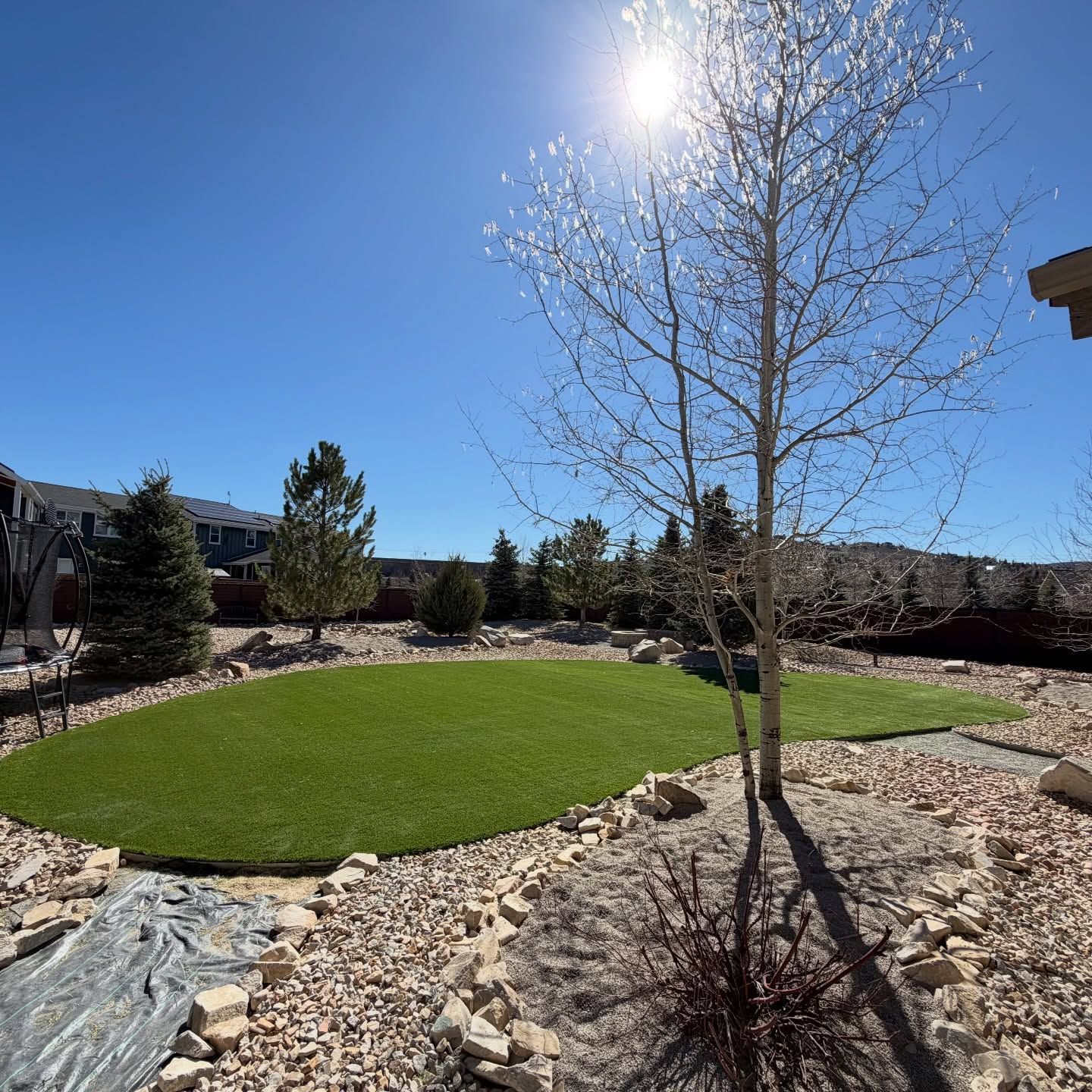 Sunny backyard with a small lawn, gravel landscaping, and leafless trees under a clear blue sky.